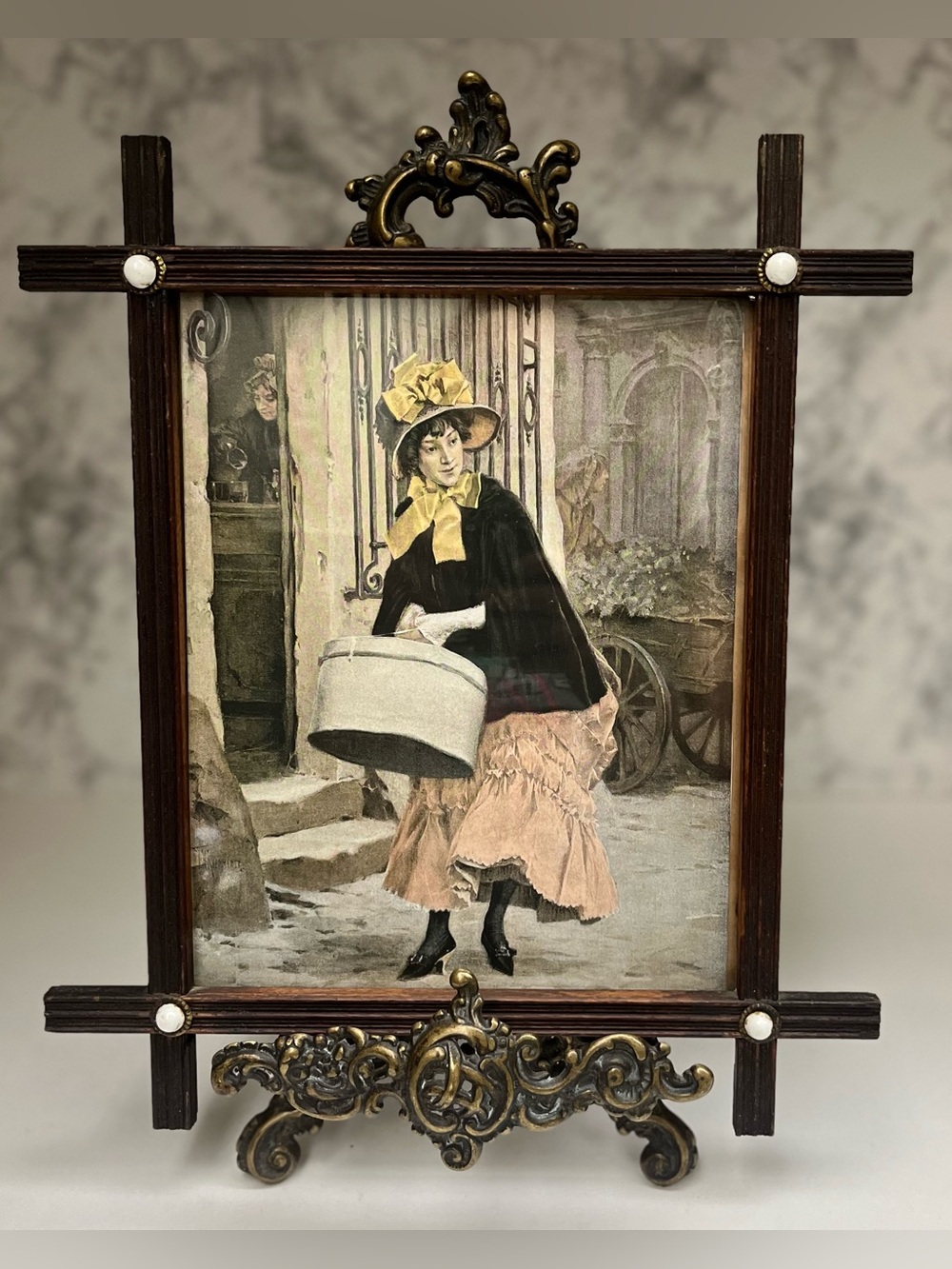 1890 Antique The Milliner Print | Cross Corner Etched Glass Frame